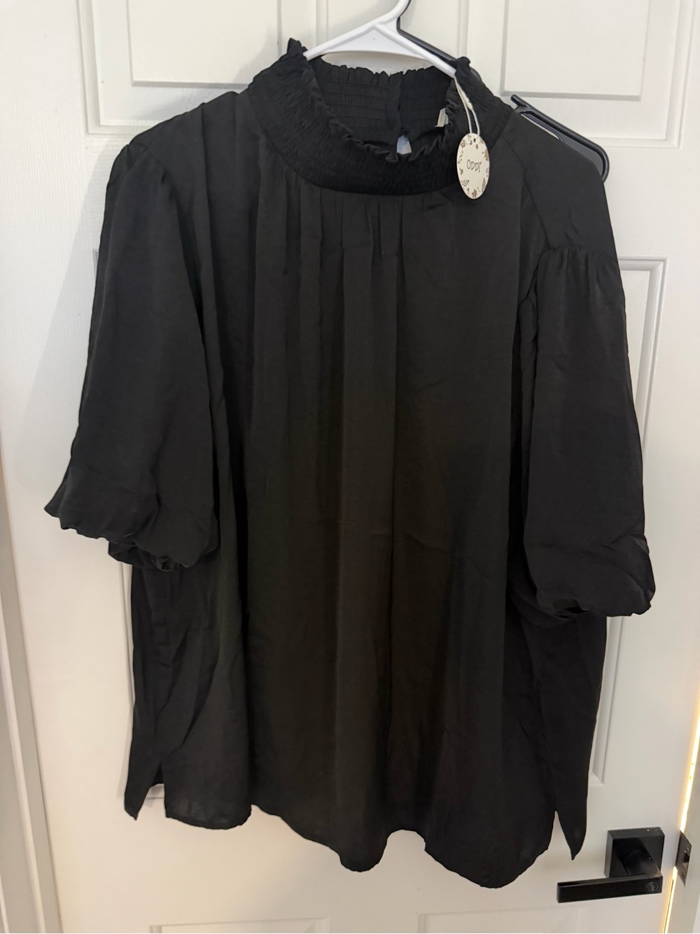 ODDY Black Smocked Neck Puff Sleeve Blouse